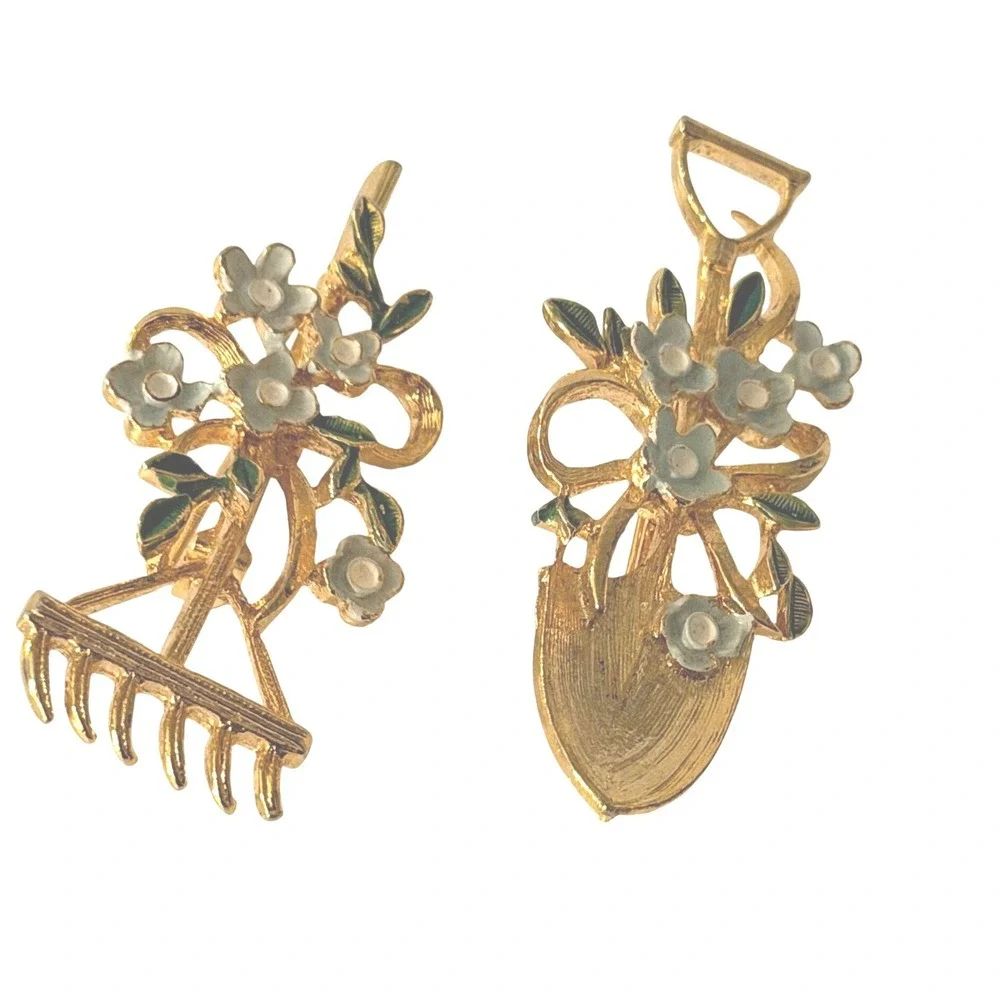 Gerry's Brooch Set Sz OS Gold Tone Enamel Garden Rake Shovel Floral Pins Vintage